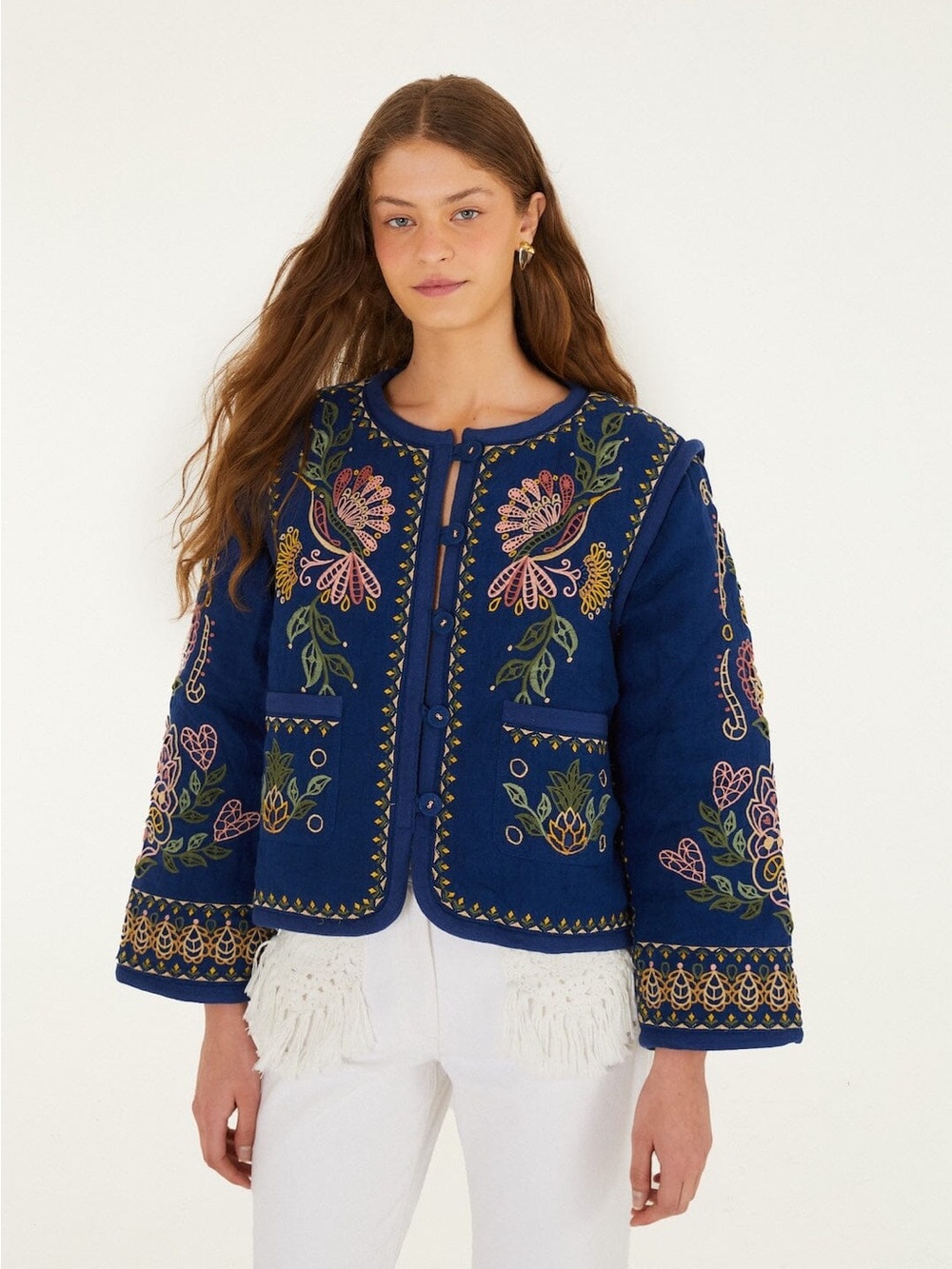 FARM RIO Blue Embroidered Pockets Richelieu Jacket